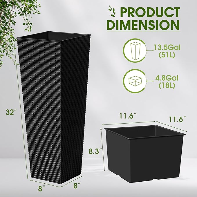Devoko Resin Tall Planters for Outdoor Plants Set of 2, Large Taper Outdoor Planter Pots with 4 Drainage Holes, Flower Pots Modern Decor for Porch, Patio, Backyard, Home Garden (Black, 32") DEVOKO