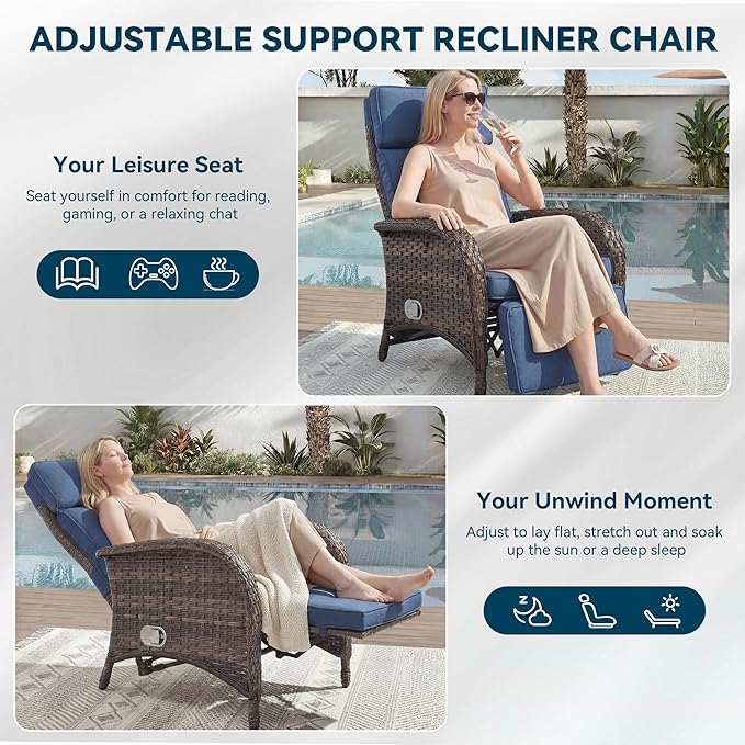 Zero Gravity Wicker Patio Recliner Chairs Set of 2 - Wicker Outdoor Lounge Chair with Adjustable Backrest & Footrest, All Weather Outdoor Reclining Chairs with Thick Cushion for Pool Deck Blue JelwalyPatioFurnitureSet