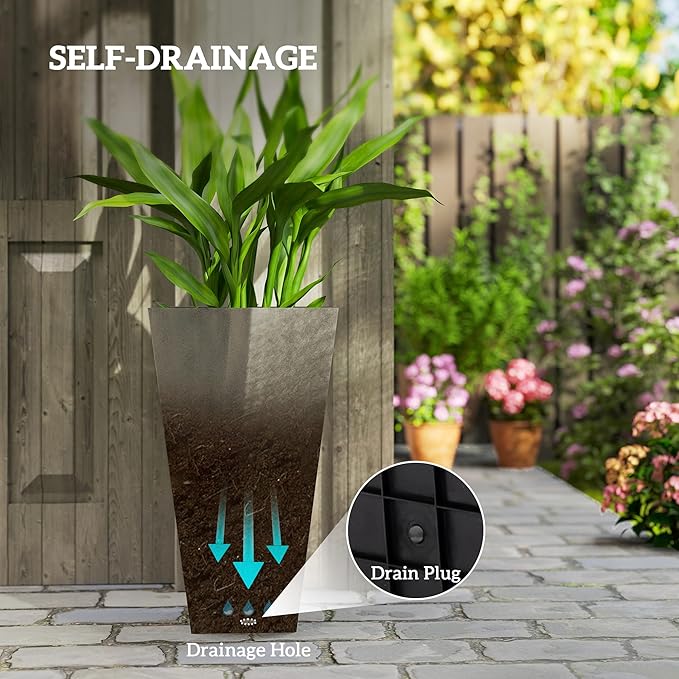 Outsunny Tall Planters for Outdoor Plants Set of 3, 28 in Taper Planters with Drainage Holes, Indoor Grande Plant Pots, Front Porch Decor, Grey Outsunny