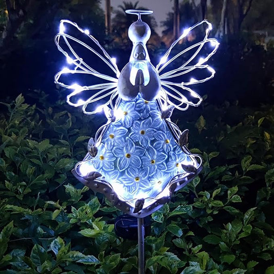 38Inch Angel Solar Lights Outdoor Decorative-Metal&Glass Angel Hydrangea Flower Garden Stake Lawn Light- Waterproof 30 Warm White LED for Remembrance Gifts & Grave Decorations (White) COOZZYHOUR
