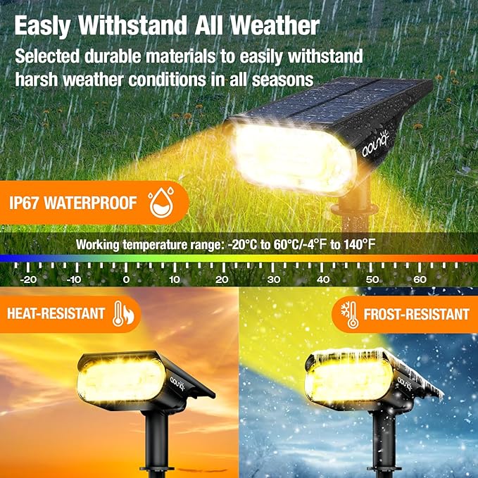 2 Pack Solar Spot Lights Outdoor 1000 Lumens, 64 LEDs IP67 Waterproof Landscape Lighting with 4 Modes - 2-in-1 Solar Spotlight & Pathway Light for Garden, Yard, Patio Decor, Warm White AOUNQ