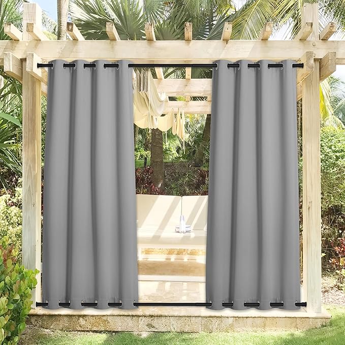 NICETOWN 2 Panels Sliver Grey Blackout Outdoor Curtains for Patio Waterproof 84" Long, Top and Bottom Rustproof Grommet Heavy Weight Windproof Drapes, Keep Privacy for Porch, W52 x L84 NICETOWN