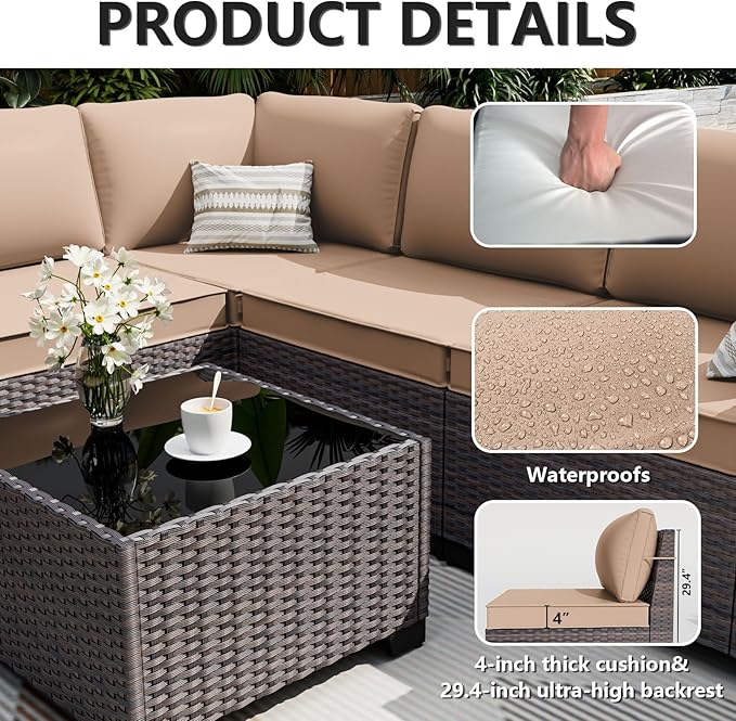 ALAULM 6 Pieces Patio Furniture Set, Oversized Seat/Armrest and High Back Wicker Sectional Furniture Set with Thick Cushion for Backyard, Garden, Sand ALAULM