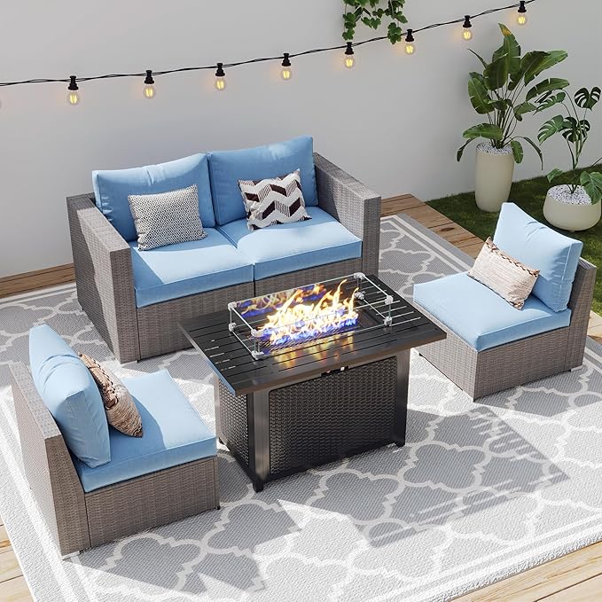 Wisteria Lane Patio Furniture Set, 2 Pieces Wicker Outdoor Furniture Patio Couch with Washable Cushions, Oversized Outdoor Sectional for Garden, Poolside, Backyard, Blue WisteriaLane