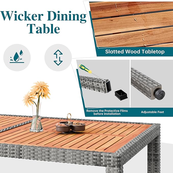 Shintenchi 7 Piece Patio Dining Set, Wicker Patio Conversation Set with Wooden Table Top, Outdoor Table and Chairs with Soft Cushions for Backyard, Deck and Garden, Grey Wicker Shintenchi