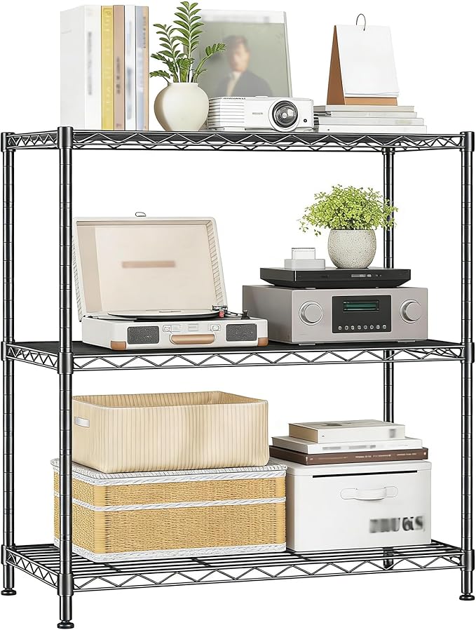 Xcity Storage Shelves, 3 Tier Heavy Duty Metal Shelving Unit with Wheels, 1050 LBS Capacity Adjustable Steel Wire Shelf Organizer for Pantry, Kitchen, Garage, 14" D x 24" W x 30" H, Black Rootora