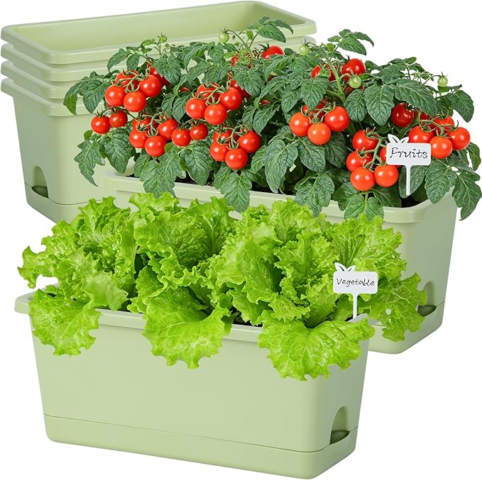 Window Box Planter 6 Packs, 13.8 Inches Rectangle Flower Pots with Drainage Holes & Trays, Pots for Vegetables, Herbs, Flowers, Garden Windowsill Balcony (Green) Oliz