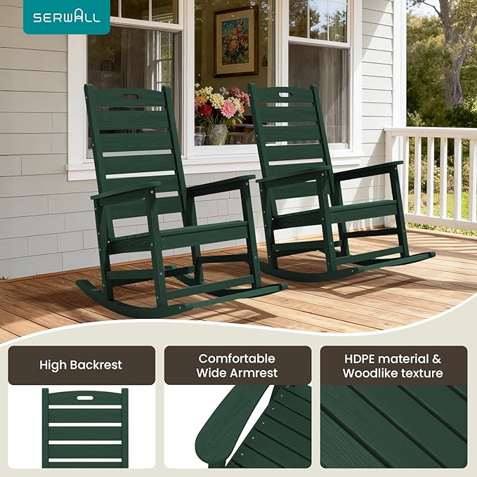 SERWALL Outdoor Rocking Chair Set of 2, Oversized Rocking Chair with Footboard for Adults, HDPE All Weather Resistant Rocking Chairs for Patio, 350lbs Weight Capacity,Green SERWALL