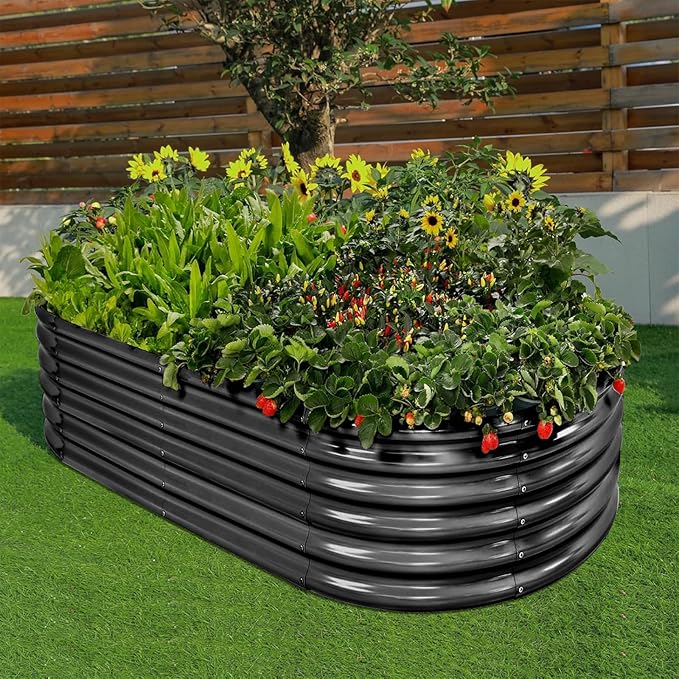 Land Guard 18“ Tall 4×2ft Galvanized Raised Garden Bed Kit, Galvanized Planter Garden Boxes Outdoor, Oval Large Metal Raised Garden Bed for Vegetables……… (Dark Grey, 4×2×1.5ft) LandGuard
