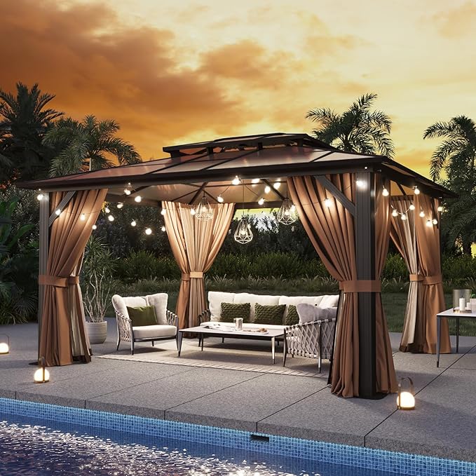 Aoxun 12'x14' Hardtop Gazebo with Double Polycarbonate Roof, Aluminum Frame Permanent Pavilion Includes Netting & Curtains for Patio, Lawn & Garden (Khaki) Aoxun