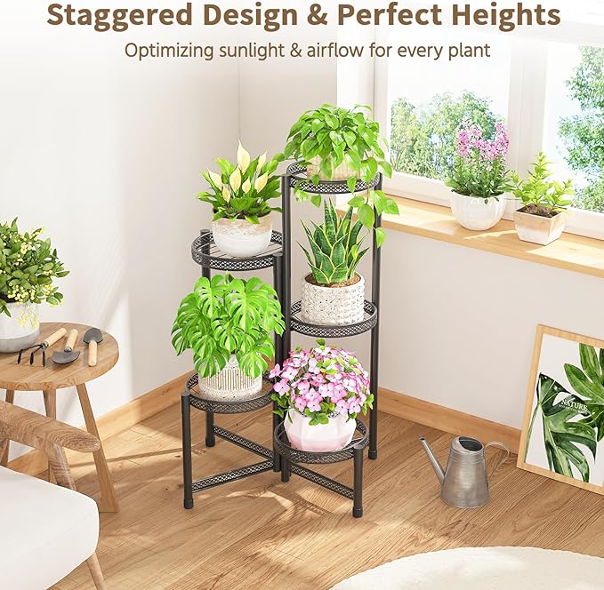 LASZOLA 5 Tiered Folding Tall Plant Stand Indoor Outdoor for Large Planter, Heavy Duty Metal Adjustable Multiple Flower Rack for Corner, Wrought Iron High Spiral Holder for Modern House Patio, Black LASZOLA