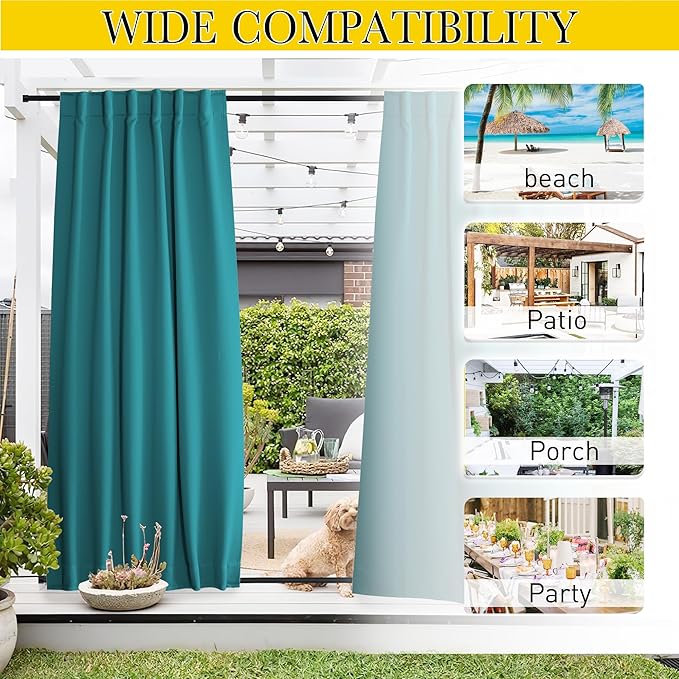 NICETOWN 2 Panels Outdoor Curtains Waterproof Pocket & Back Tab on Top & Bottom, Thermal Insulated Windproof Sun Blocking Outside Privacy Drapes for Patio with Fixed Rope, W52 x L95, Peacock Teal NICETOWN