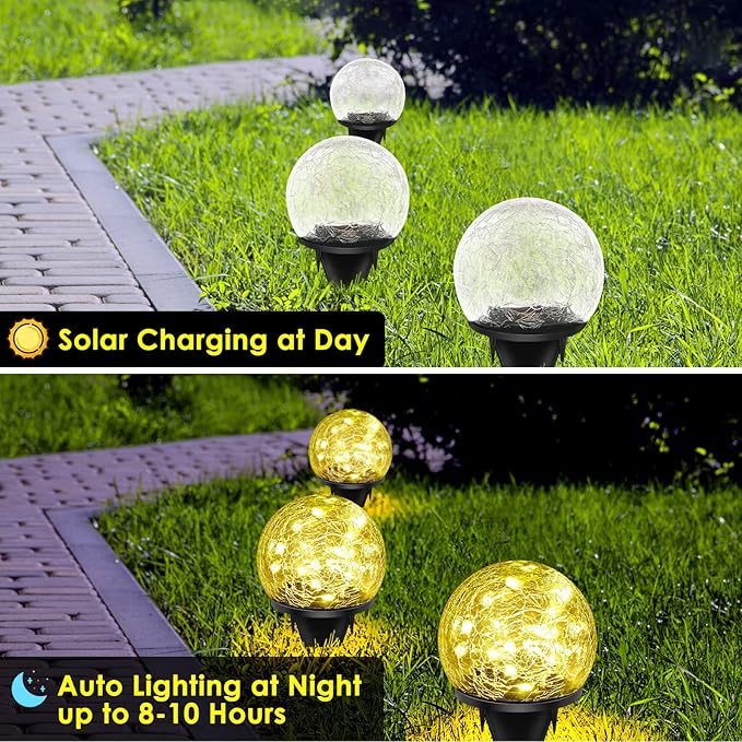 2 Pack 60 LED Solar Garden Lights Outdoor Decoration, Cracked Glass Solar Globe Lights, Upgraded Waterproof Warm White Ball Lights for Yard Pathway Patio Halloween Christmas Outside Decor Keevvon