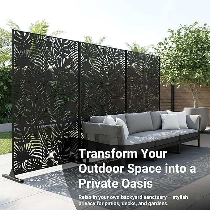 Metal Privacy Screen Outdoor – 72in Decorative Laser Cut Steel Garden Divider Panel with Tropical Leaf Design, Weatherproof Freestanding Modern Privacy Fence for Patio, Deck, Backyard & Balcony TALLYVERUS
