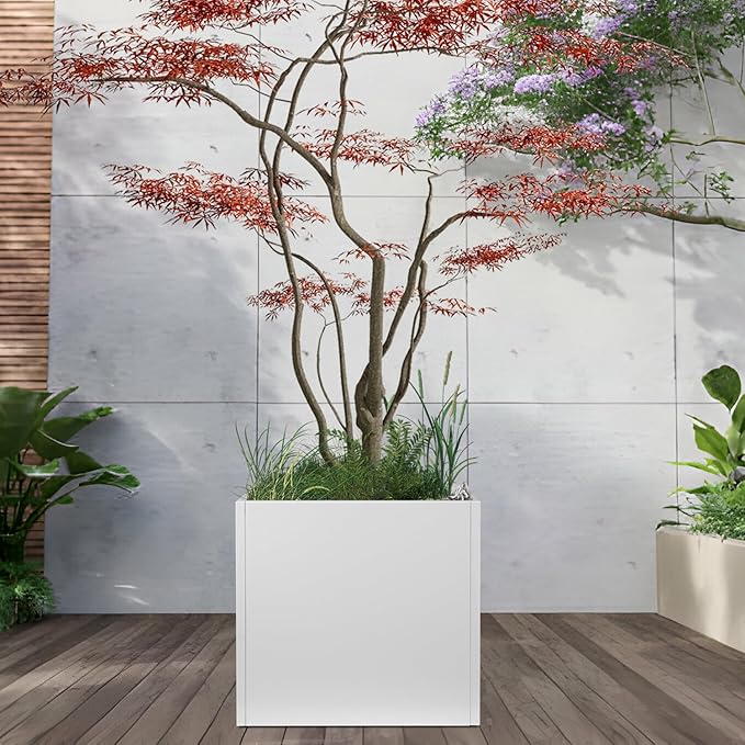 White Steel Planter Square Outdoor Planters Galvanized Steel Planter Box 26 Inch Indoor Metal Large Planters Cube Heavy Duty Flower Pot Modern Commercial Residential for Trees Patio Yard Garden GZGNEEVL