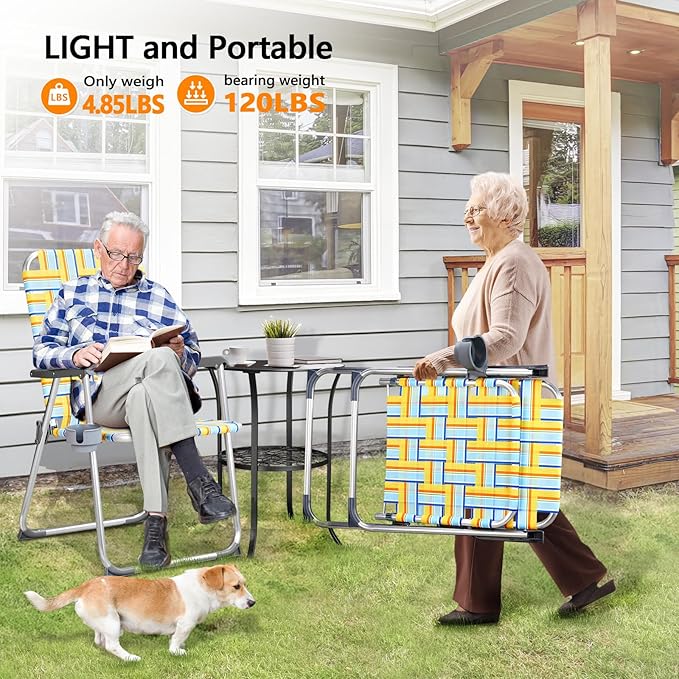 VINGLI Aluminum Patio Lawn Chairs Folding Set of 2 with Detachable Cup Holder, Webbed Beach Chair Folding Chair Outdoor Portable Camping Chair for Yard, Garden VINGLI