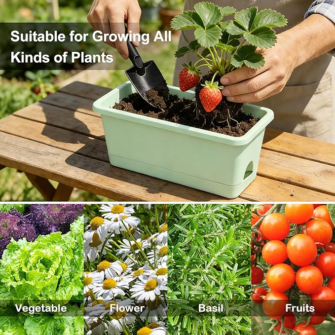 Window Box Planter 6 Packs, 13.8 Inches Rectangle Flower Pots with Drainage Holes & Trays, Pots for Vegetables, Herbs, Flowers, Garden Windowsill Balcony (Green) Oliz
