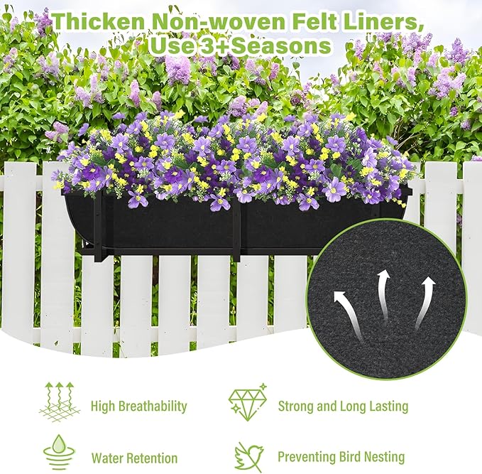 Riare 4 Pack 36 Inch Black Fabric Window Box Liners- Felt Square Trough Planter Basket Liners Replacement, Non-Woven Hanging Flower Plant Box Liner for Outdoor Plants Garden Fence- Avoid Birds Nesting Riare