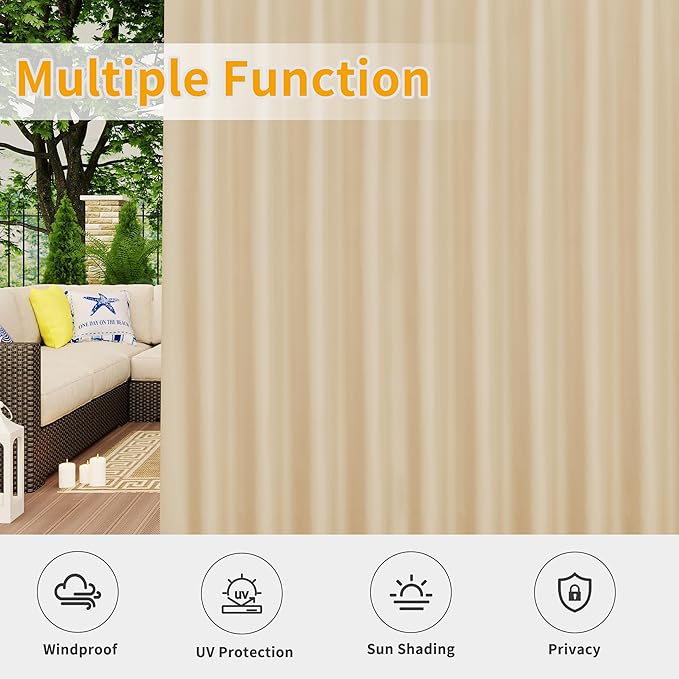 Easy-Going Outdoor Patio Curtains Detachable Tab Top Windproof Weatherproof Curtain for Cabana, Porch, Pergola and Gazebo, Tab Bottom Drape, 2 Panels, 110W x 84L inch, Beige Easy-Going