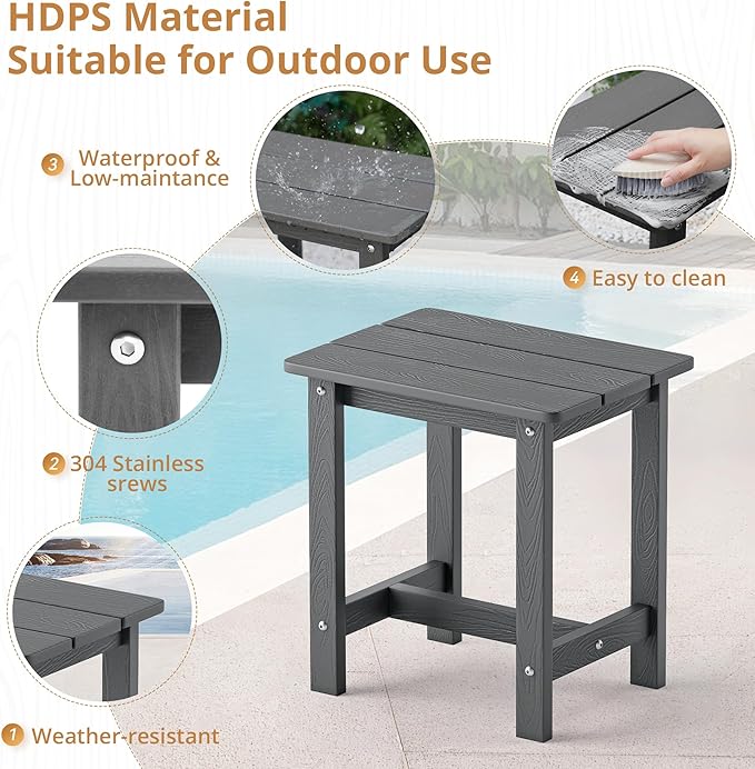 LUE BONA Outdoor Side Table Set of 2, HDPS Small Outdoor Table, Adirondack Side Table, Outside End Table for Patio, Deck, Pool, Weather Resistant/Easy Maintenance, Dark Gray LUEBONA