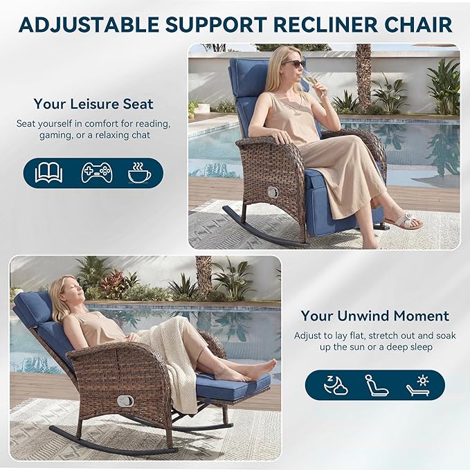 Zero Gravity Patio Rocking Wicker Recliner Chair - Wicker Outdoor Lounge Chair with Adjustable Backrest & Footrest, All Weather Reclining Rocker Chairs with Thick Cushion for Pool Deck Blue JelwalyPatioFurnitureSet