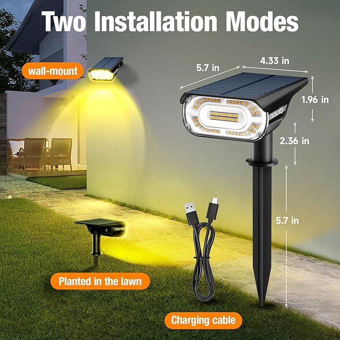 2 Pack Solar Spot Lights Outdoor 1000 Lumens, 64 LEDs IP67 Waterproof Landscape Lighting with 4 Modes - 2-in-1 Solar Spotlight & Pathway Light for Garden, Yard, Patio Decor, Warm White AOUNQ