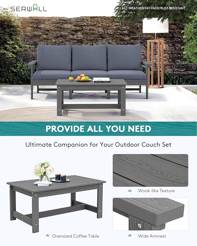SERWALL HDPE Patio Sofa Set, 4-piece Sectional Outdoor Furniture Set, All Weather Outdoor Couch Set Patio Furniture Set for Deck, Lawn, Grey Frame with Grey Cushion SERWALL
