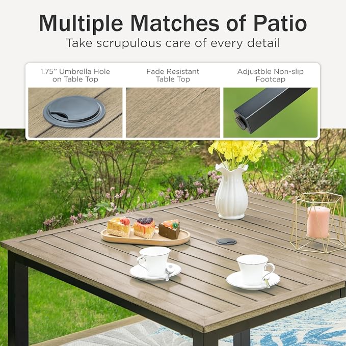 PHI VILLA Outdoor Patio Table, Square Metal Steel Slat Table with 1.57”- 1.9” Adjustable Umbrella Hole, Weather-Resistant Outdoor Dining Table for Garden Deck, 42" x 42" x 28.7", Brown PHIVILLAThepioneerofcomfortablehouseholdsupplies