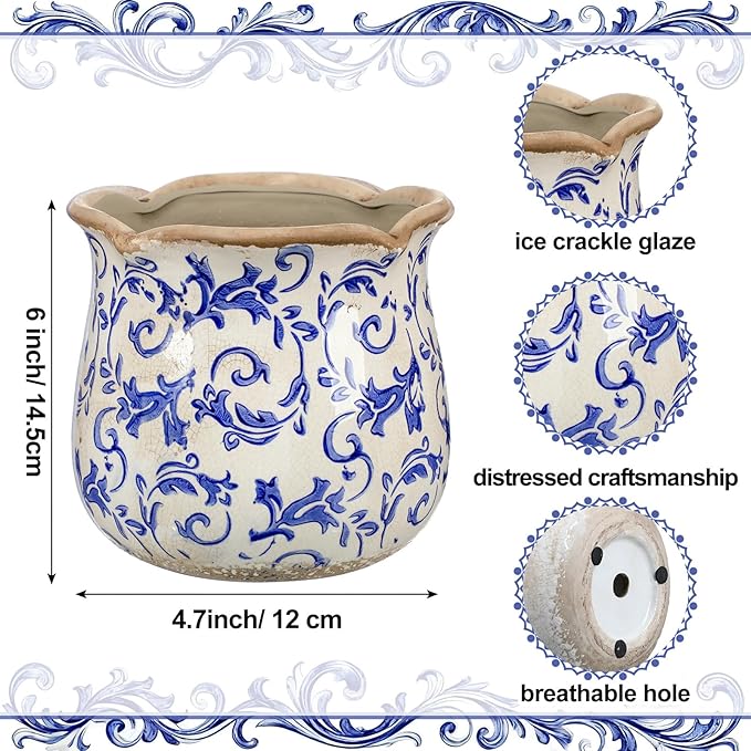 6 Inch Ceramic Plants Pots Vintage Ceramic Flower Planters Crackle Glaze Finish Flower Pots Decorative Floral Vintage Planters for Living Room Garden Home Decor Gifts(Chinoiserie) Newtay