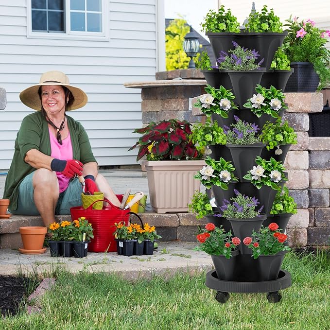 Umigy 2 Set of 7 Tier Vertical Planter Stackable Tower Planters Strawberry Herb Flower and Vegetable Pots Indoor Outdoor Gardening Pots with Removable Wheels and Tools(Black) Umigy
