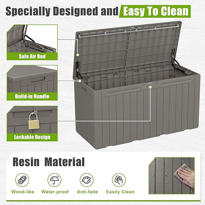Flamaker Resin Deck Box 100 Gallon Large Lockable Outdoor Storage Box Waterproof for Patio Cushions, Tools, Pool Accessories (Light Brown) Flamaker