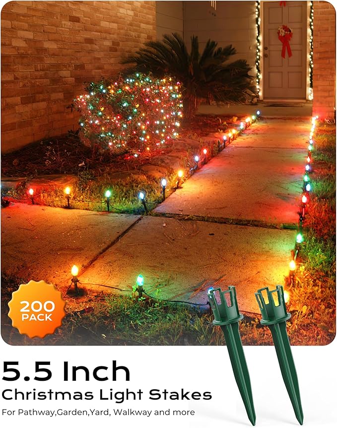 200-Pack Plastic Light Stakes, 5.5 Inch Christmas Yard Stakes for C7 C9 Christmas Lights Outdoor, Universal Light Stakes for Outdoor Holiday Lights, Green Minetom