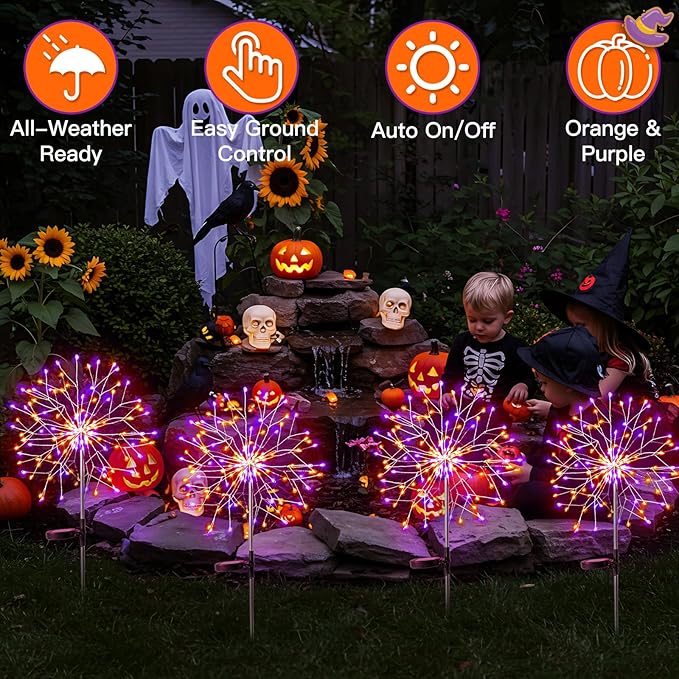 suddus Solar Halloween Lights Outdoor Solar Powered, Upgrade 2-Pack Orange & Purple Solar Firework Lights, Waterproof Garden Light for Yard Pathway Patio Flowerbed Halloween Decorations SUDDUS