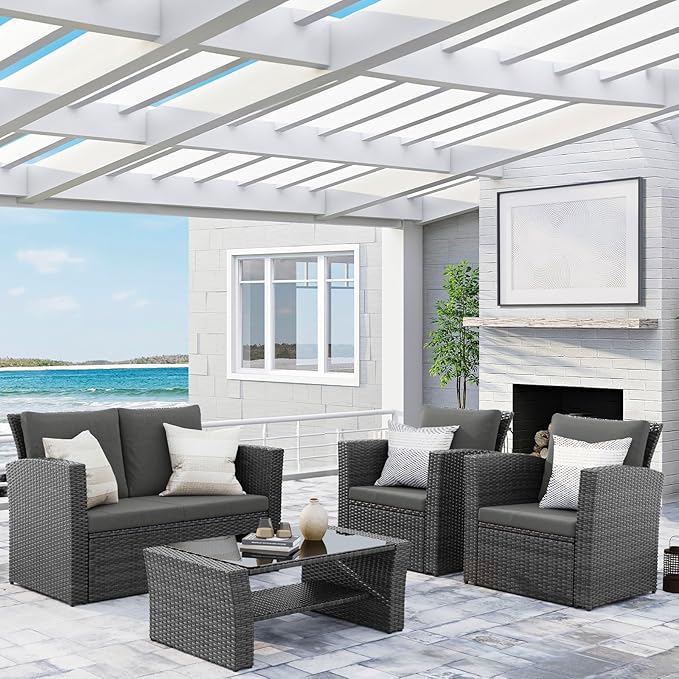 Wisteria Lane 4 Piece Patio Furniture Set, Wicker Outdoor Patio Conversation Furniture Set, All Weather Outdoor Patio Sofa with Cushion and Glass Table, Black WisteriaLane