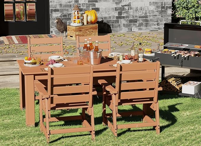 GREENVINES 5-Piece Outdoor Dining Set | HDPE | Patio Table and Chairs Sets for 4 | Patio Furniture | All Weather | Umbrella Hole | Teak | for Backyard Poolside Garden GreenVines