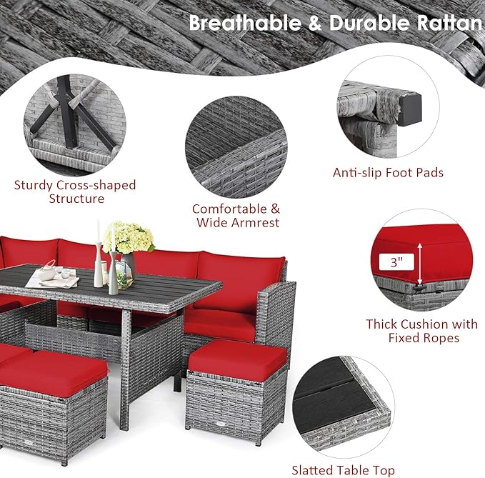Tangkula 7 Pieces Patio Furniture Set, Outdoor Sectional Rattan Sofa Set with Cushions, All Weather Wicker Conversation Couch Set w/Dining Table & Ottomans for Backyard Garden Poolside TANGKULA