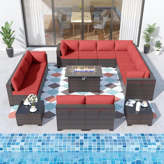 ALAULM Patio Furniture Set with Fire Pit Table 55000 BTU, Outdoor Sectional with Wide Seat and Thick Cushion, 15 Piece Wicker Rattan Conversation Set with Coffee Table for Garden, Deck, Red ALAULM