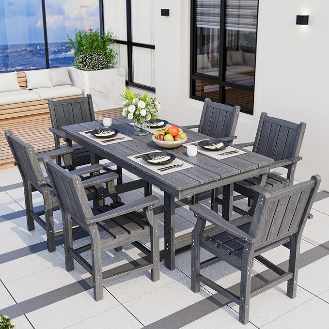 Pamapic 7 PCS Outdoor Dining Set, Spacious HDPE Outdoor Table and Chairs, Wood Grain Patio Furniture Sets with Elegant Armrest, All-Weather Outdoor Furniture with Umbrella Hole, Gray Pamapic
