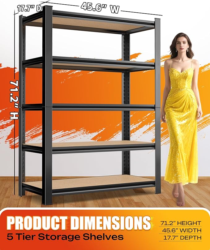 AOAORRG Set of 5 Garage Shelving Heavy Duty Storage Shelves, Metal Adjustable Shelving Unit, Utility Garage Organizer Shelf for Basement, Pantry, Kitchen, Warehouse, 45.6" Wx17.7 Dx71.2 H, Black Rootora