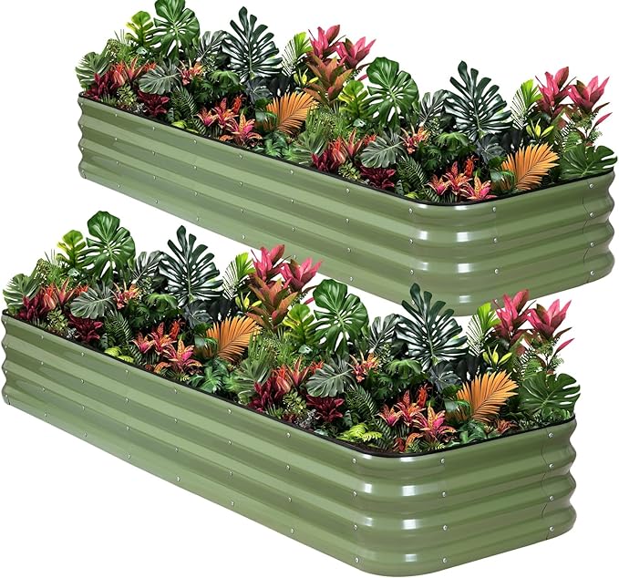 1MORE Raised Garden Bed -8X2X1 Galvanized Planter Box for Outdoor Gardening,5 in 1 Modular Raised Bed Kit with Protective Tape, Gloves for Herb,Ideal for Vegetables and Plants.Green-2pack 1MORE
