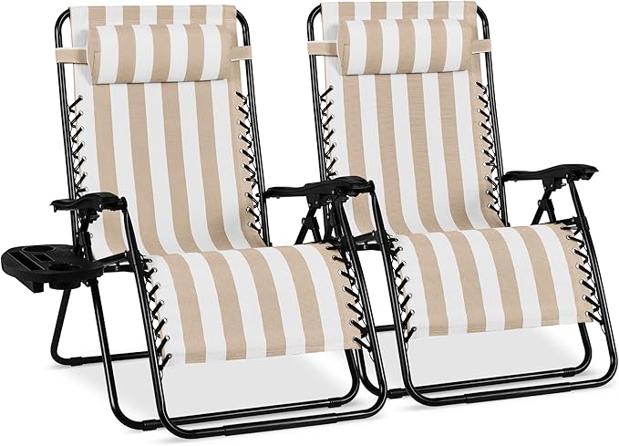 Best Choice Products Set of 2 Extra Wide Adjustable Steel Mesh Zero Gravity Lounge Chair Recliners w/Pillows and Cup Holder Trays - Tan Stripes BestChoiceProducts