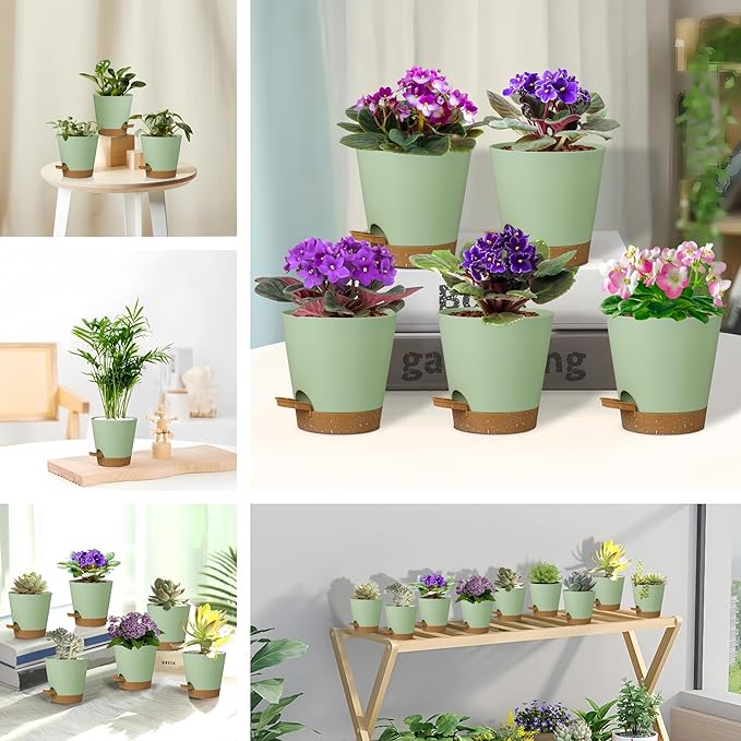 5 Pack 5 inch Self-Watering Pots, African Violets Planter with Drainage Holes and Reservoir, Green Brown Plastic Planter for Indoor Outdoor Plants Flowers and Houseplants Green Brown, 5 inch 5 pcs zople