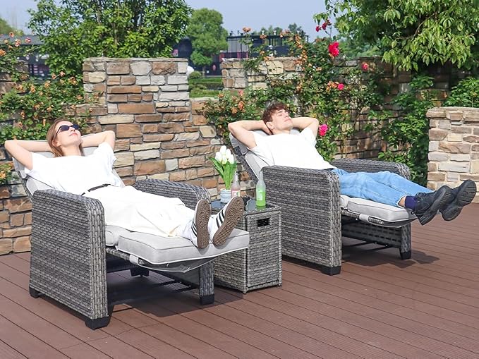 Restland Outdoor Recliner with Independent Adjustable Back & Footrest Wicker Patio Reclining Chair with Flip Table Comfortable Lounge Chair & Thick Cushion for Deck, Porch (3 Piece, Grey) Restland