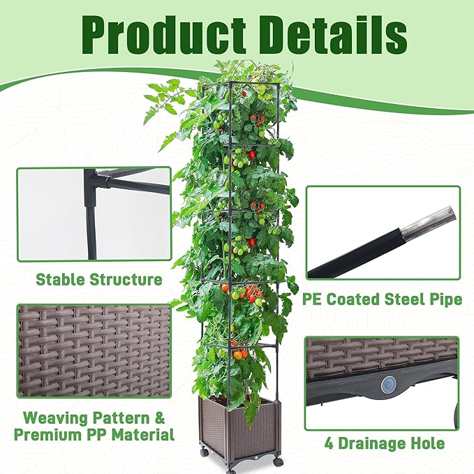 Raised Garden Bed Planter Box with Trellis, 62.2" Self-Watering Tomato Planters for Climbing Plants Vine Flowers Outdoor Patio, Tomatoes Cage with Trellis Wheels for Outdoor, 1Pack Rootora