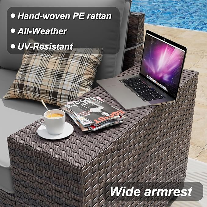 ALAULM 13 Pieces Outdoor Patio Furniture Set with Propane Fire Pit Table Outdoor Sectional Sofa Sets Patio Furniture 43" Gas Fire Pit Brown PE Rattan Patio Conversation Set w/10 Cushions (Grey) ALAULM