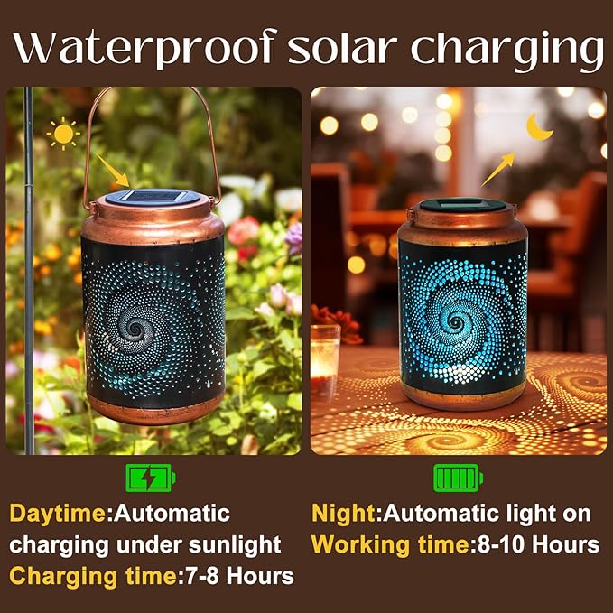 Solar Lanterns Outdoor Hanging Lantern Metal Waterproof LED Lantern with Solar Powered Garden Patio Decorations Decor with Handle Christmas Gift Idea DIBIEECN