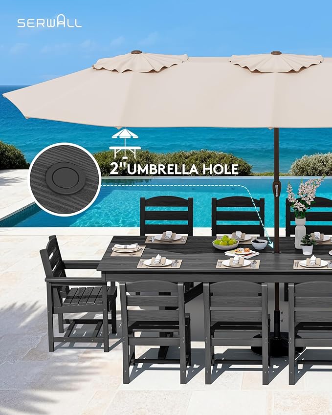 SERWALL 11 Piece Outdoor Dining Set, 84" HDPE Outdoor Table and Chairs for 10，All Weather Patio Furniture Set with Umbrella Hole for Backyard, Garden, Black SERWALL