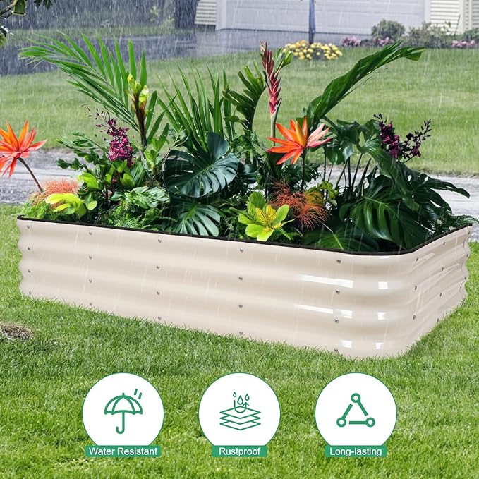 1MORE Raised Garden Bed -5X3X1 Galvanized Planter Box for Outdoor Gardening,4 in 1 Modular Raised Bed Kit with Protective Tape, Gloves for Herb，Ideal for Vegetables and Plants.White-2Pcak 1MORE