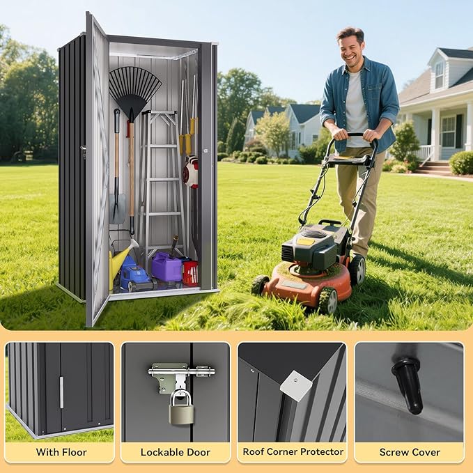 Greesum Outdoor Metal Storage Cabinet, 55'' Lockable Tall Shed, Vertical Tool Organizer Without Shelves for Garage, Patio, Backyard, Home & Lawn, Black BuynowfromGreesum