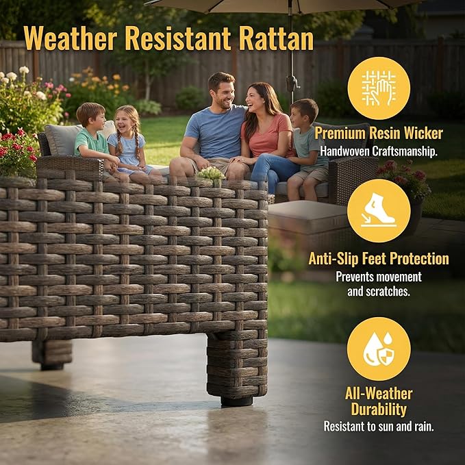 Wisteria Lane 7 Piece Patio Furniture Set, Wicker Patio Sectional with Wide Armrest, All Weather Outdoor Dining Set, Outdoor Furniture Patio Conversation Set with Ottoman, Grey WisteriaLane